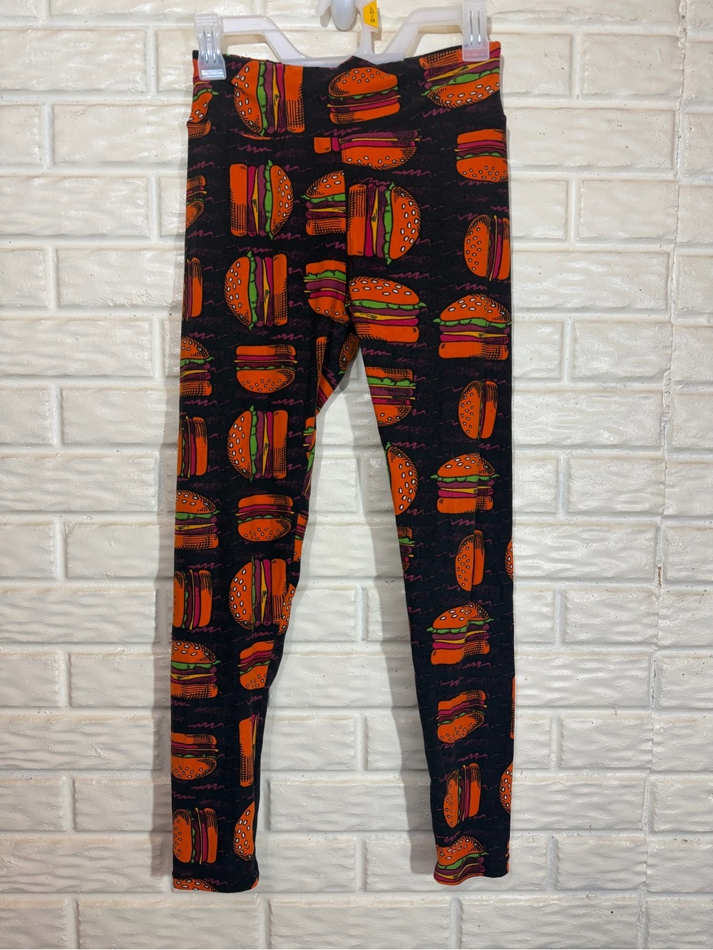 LuLaRoe One Size Hamburger Leggings Black Novelty Food Burger Print OS